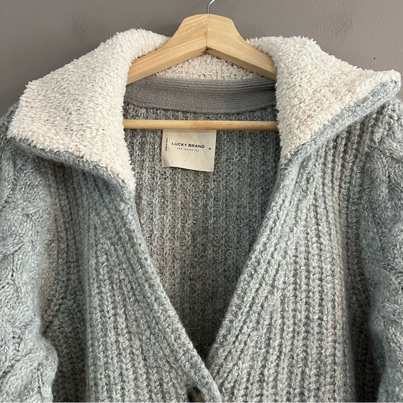 Lucky Brand Cable Knit Cardigan Sweater Wool Blend Chunky V-neck Pockets Gray M - Picture 4 of 16